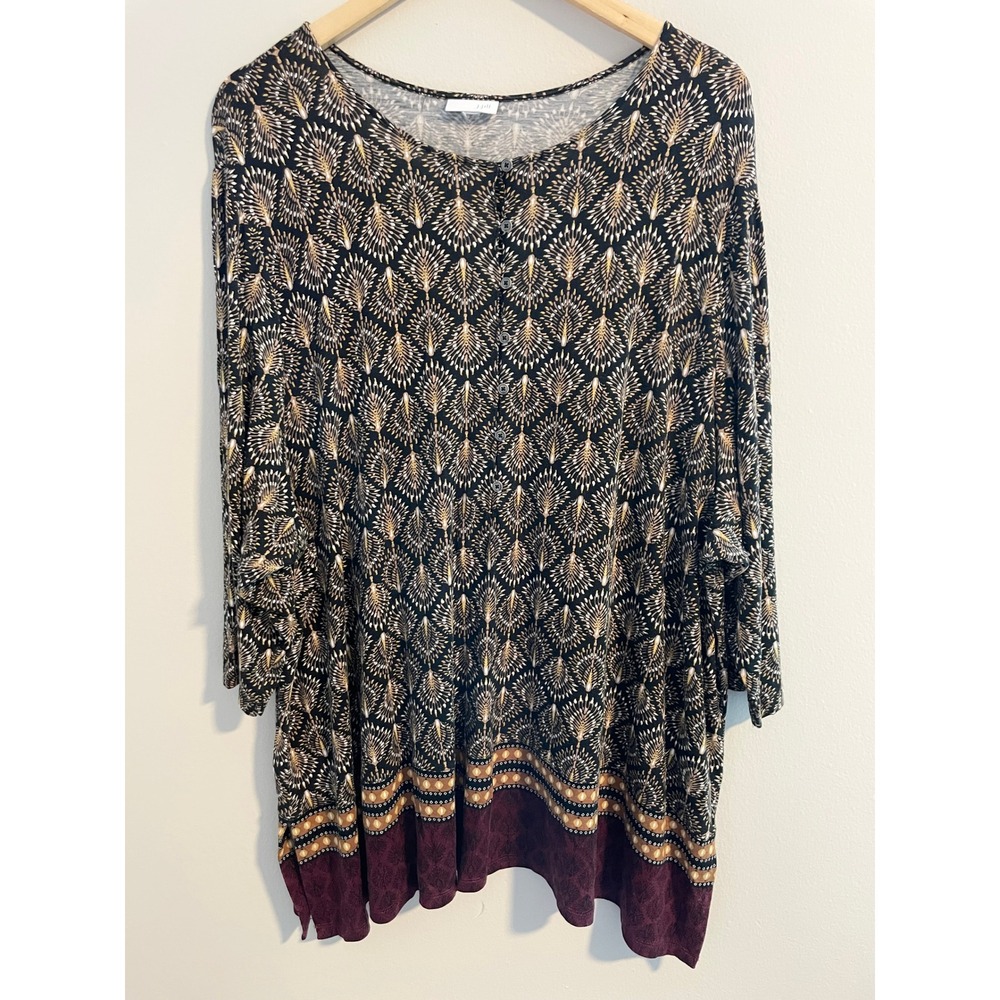 J. Jill Bordeaux Fan Geo-Border Button Tunic Top Womens Plus 2X 3/4 Sleeve Drape